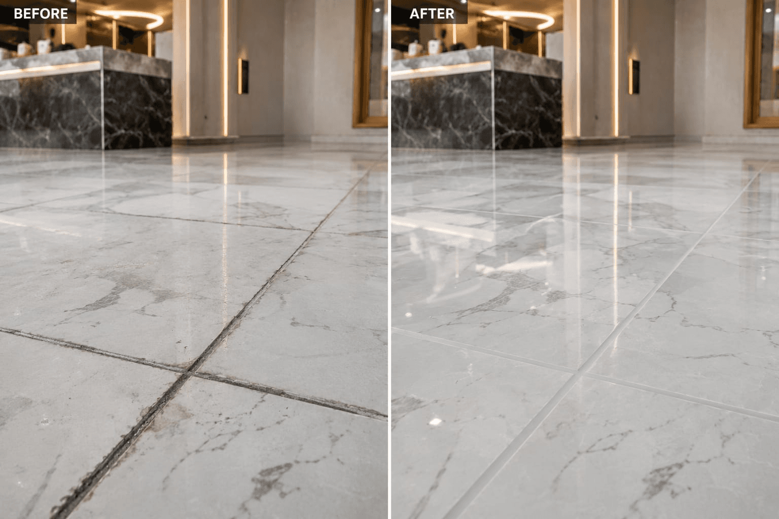 Comparison of dirty tile joints restored with clean, white epoxy grout