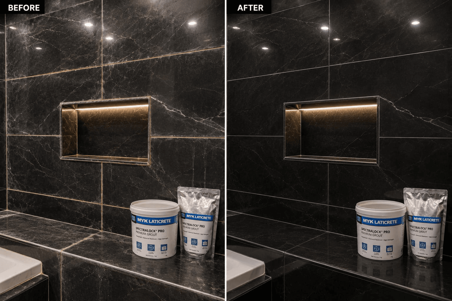 Comparison showing yellowed tile joints replaced with premium black epoxy grout