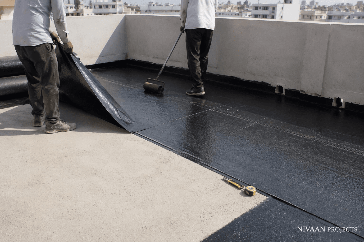 Self-adhesive waterproofing membrane being applied on concrete slab