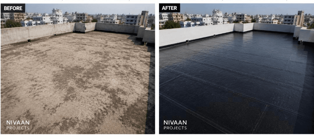 Workers installing torch-on APP membrane waterproofing on a rooftop