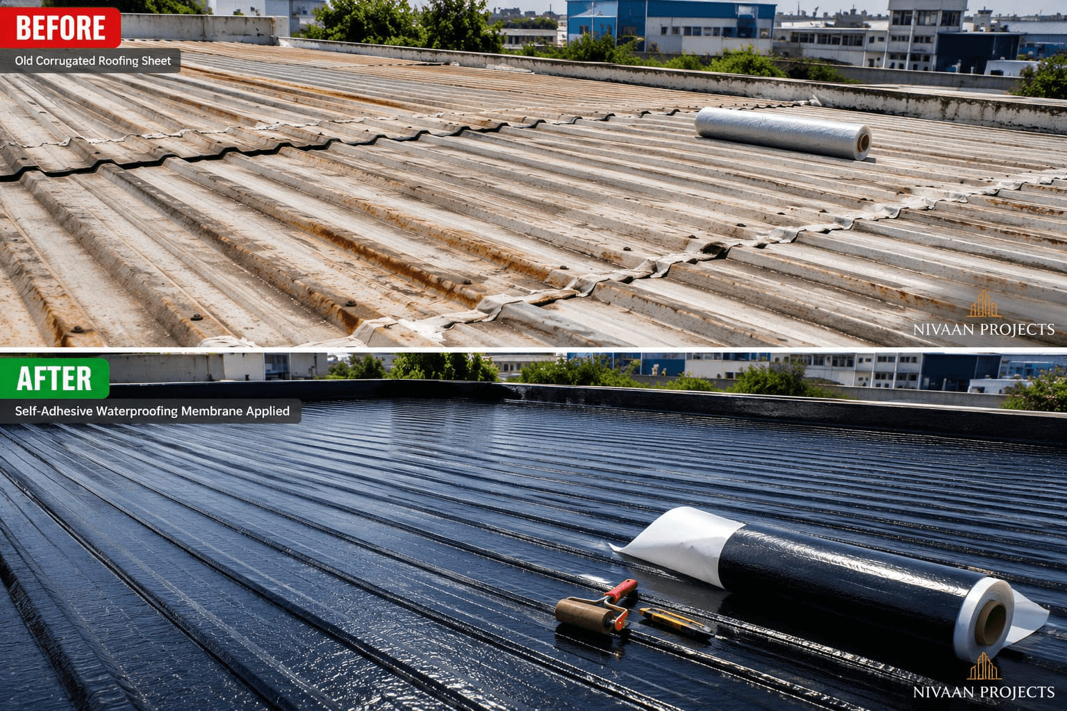 Finished bituminous membrane waterproofing barrier on a large terrace